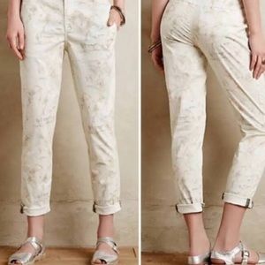 BOGO Anthropologie Marrakech marble swirl ivory print w ribbon ankle-trim jeans